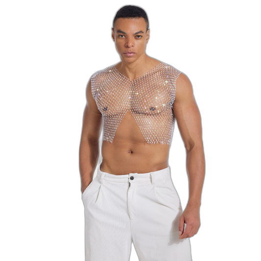 Rhinestone V-Cut Mesh Top