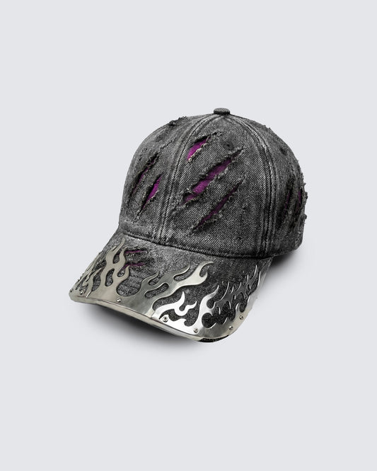 KIIKIO-Wasteland Flame-Metal Distressed Denim Cap