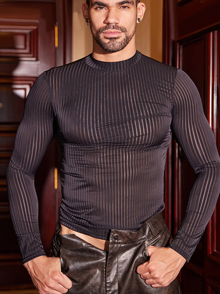 Men's Striped Thin Transparent Elastic Shirt