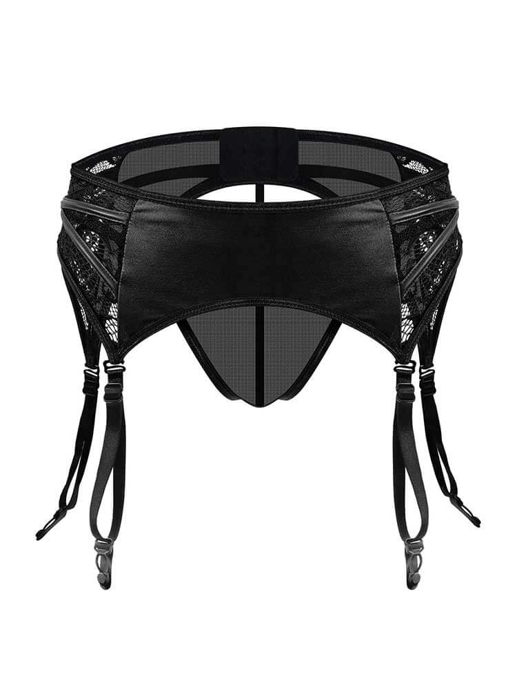 Men's Sexy Faux Leather Waist Cinch Mesh Thong