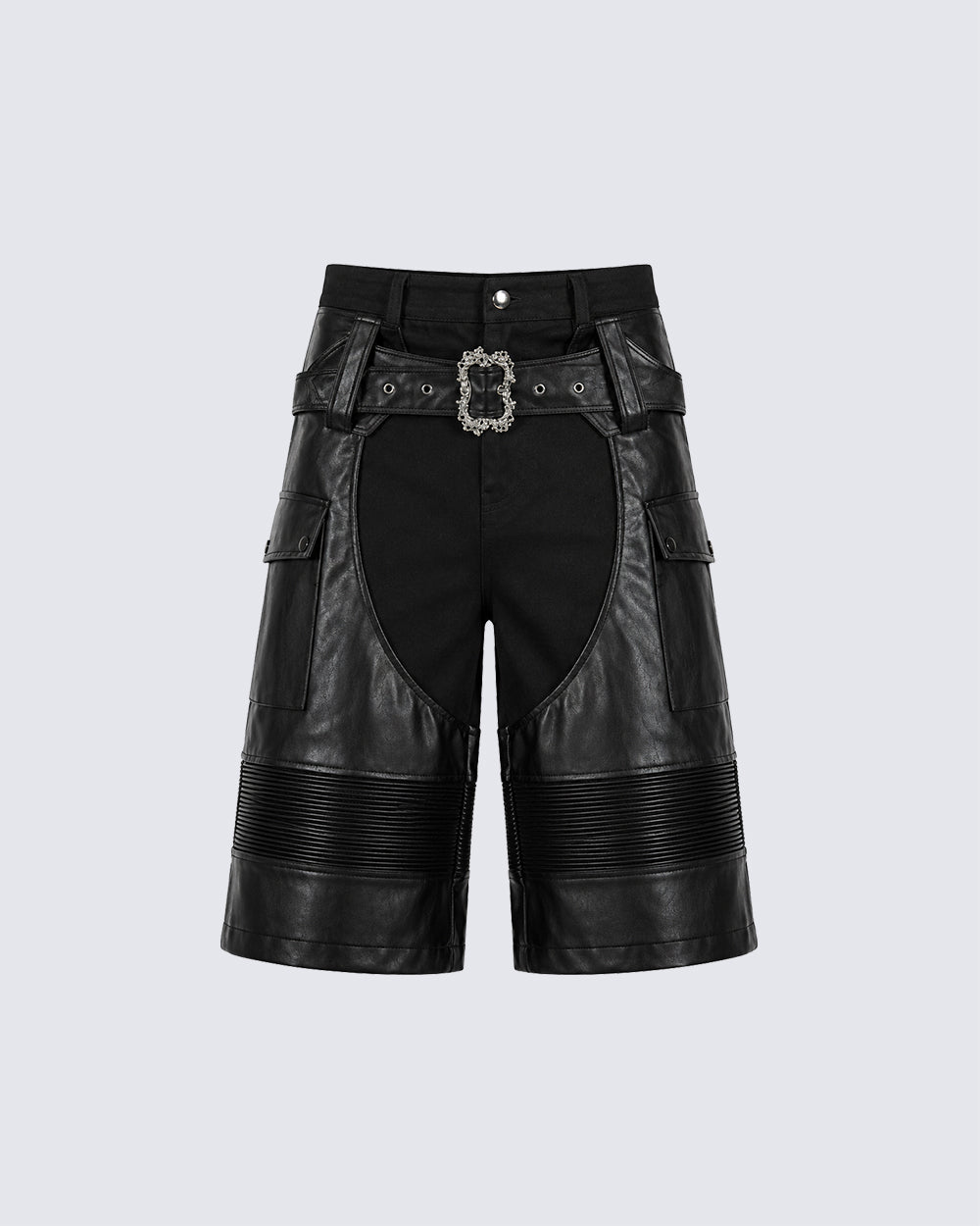 Gothic Deconstructed Patchwork Heavy PU Cargo Shorts