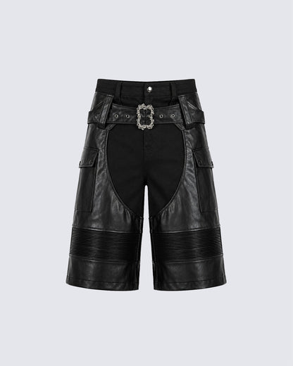Gothic Deconstructed Patchwork Heavy PU Cargo Shorts