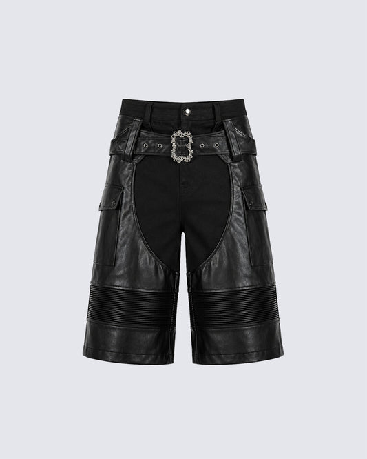 Gothic Deconstructed Patchwork Heavy PU Cargo Shorts