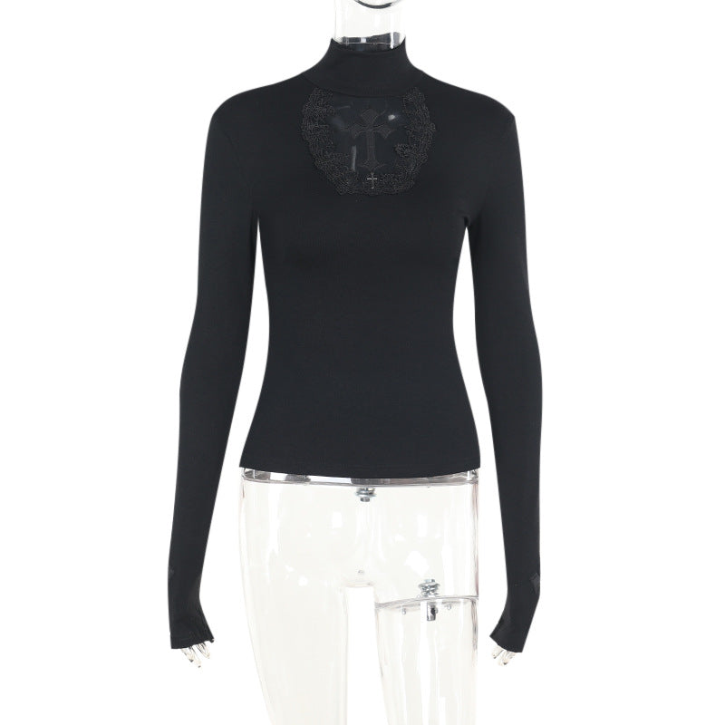 Dark Cross Lace Panel Long Sleeve Top