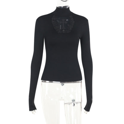 Dark Cross Lace Panel Long Sleeve Top