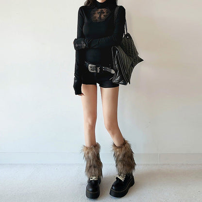 Dark Cross Lace Panel Long Sleeve Top