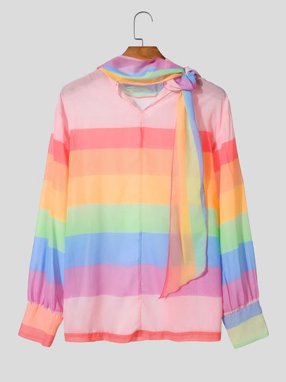 Men's New Romanticism Rainbow Gradient Sheer Organza Long Sleeve Shirt SKUL64253