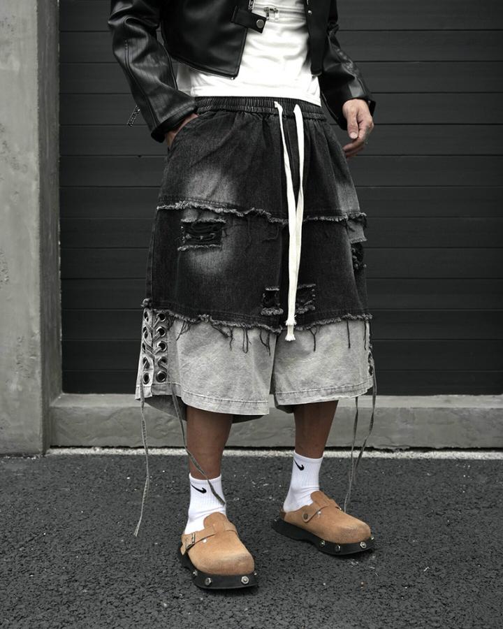 KIIKIO High-Street Wasteland-Style Hip-Hop Color-Block Cropped Pants