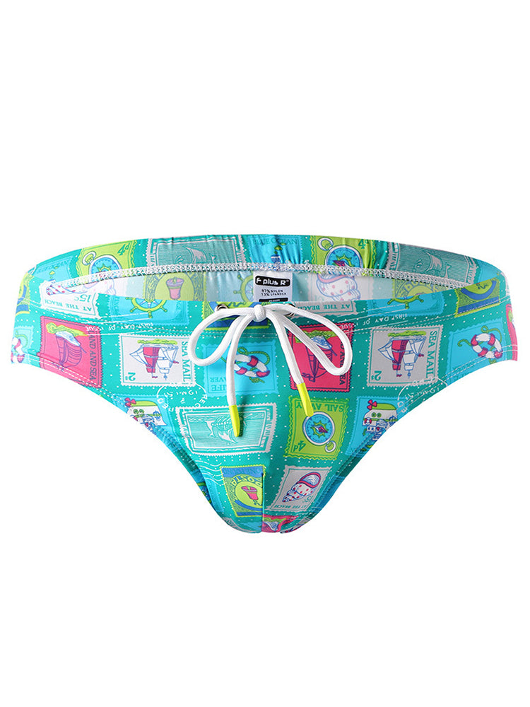 Men's Nylon Printed Cup Lace-up Swim Briefs