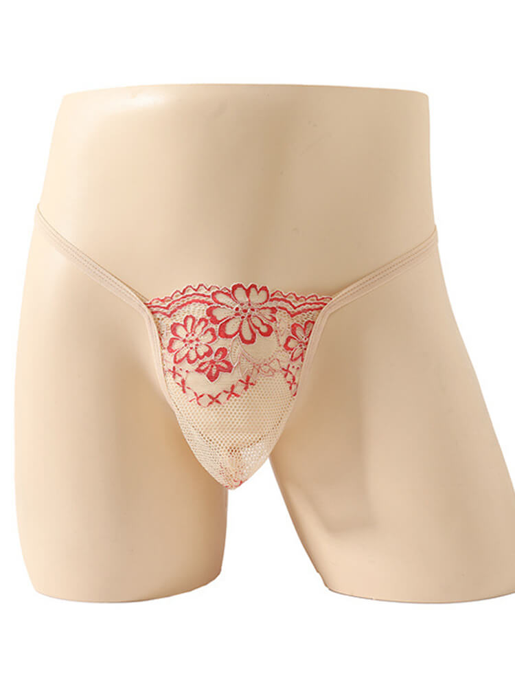 Men's Sexy Floral Embroidered Low-Rise Lace Thong