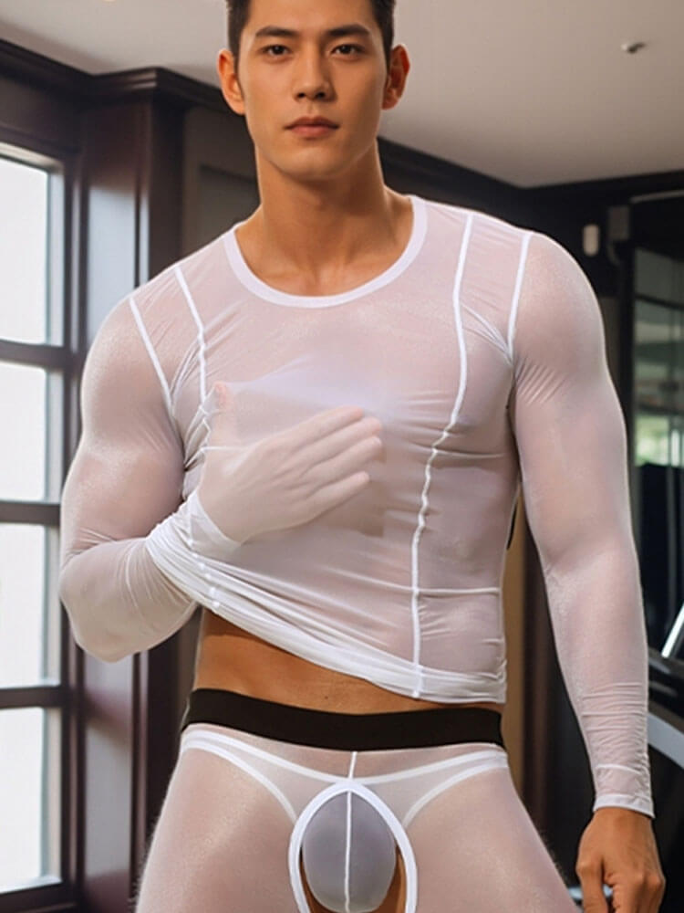 Men's Sexy Ultra-Thin Sheer Top Tight Leggings Set