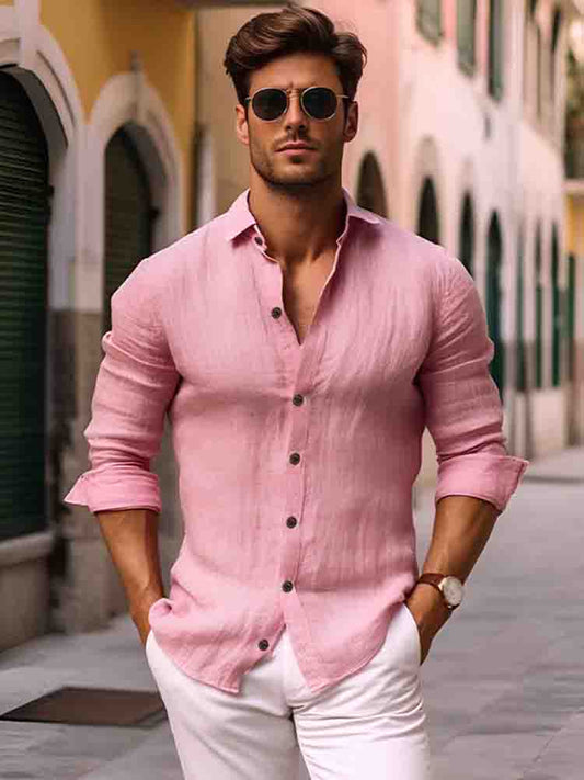 Men's Solid Color Lapel Cotton and Linen Shirt