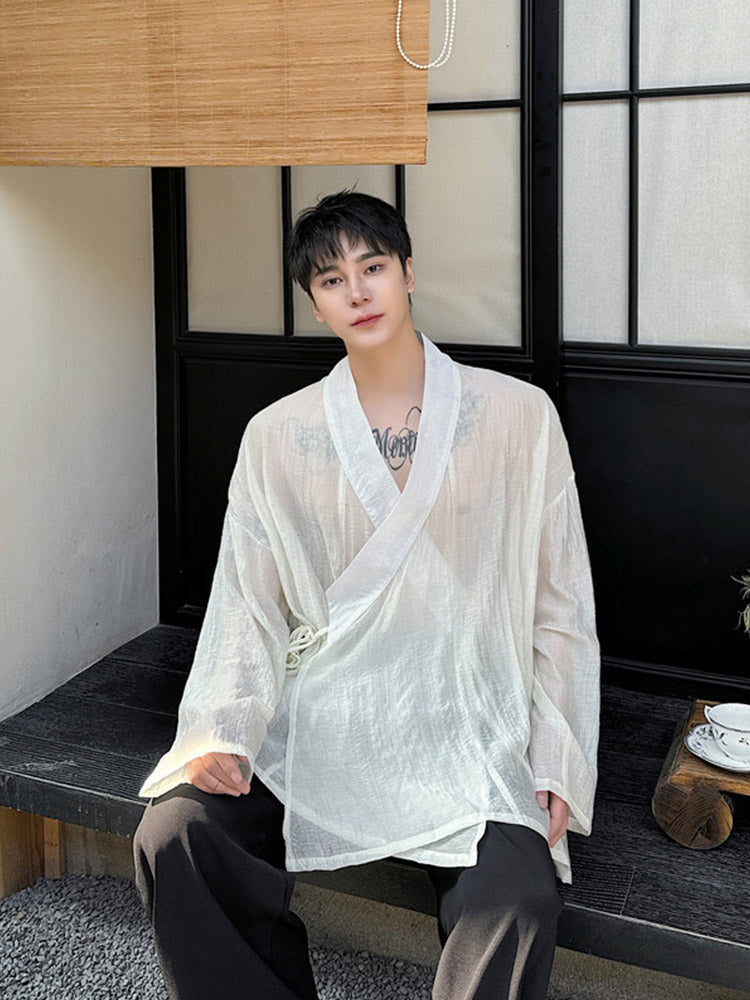 Men's Oblique Placket Thin Slightly Sheer Top 