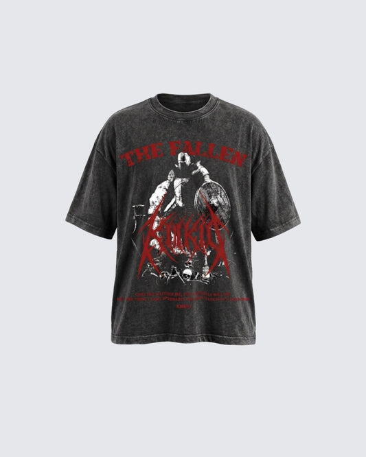 KIIKIO Retro Personality Washed Warrior Print Short-Sleeve T-Shirt