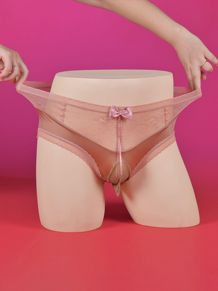 Men's Sexy Bow Openwork Lace Solid Color Briefs