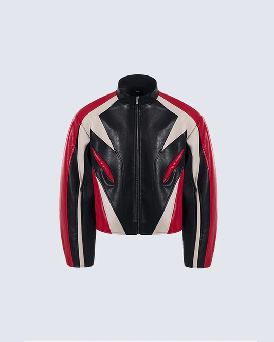 Vortex Racer-Bold Red, Black & White Leather Jacket