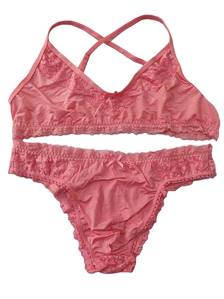 Men's Sexy Solid-Color Lace Trim Bra Briefs Set