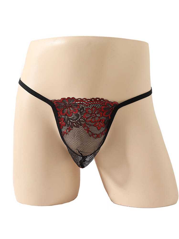 Men's Sexy Floral Embroidered Low-Rise Lace Thong