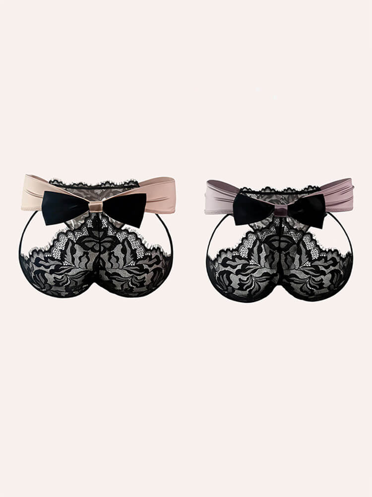 Men's Sexy Black Lace Satin Ribbon Bow Sheer Briefs