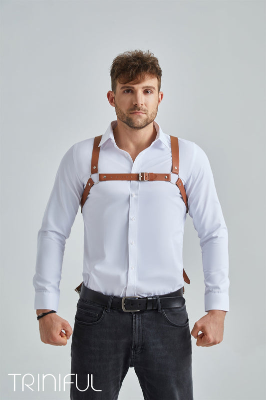 Men's Leather Harness Wearing Suit Adjustable Chest Harness