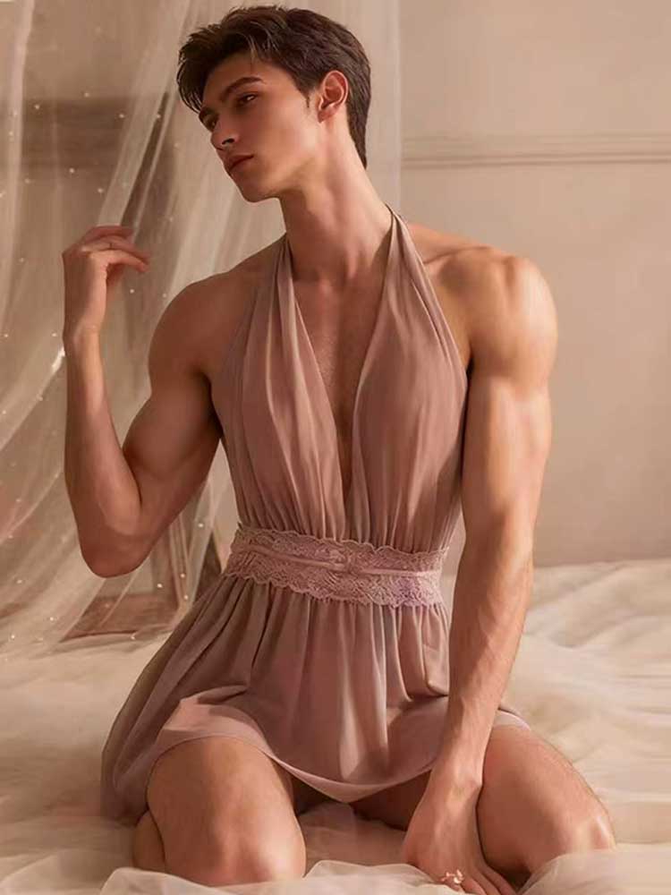 Men's Sexy Mesh Backless See-Through Halter Neck Dress
