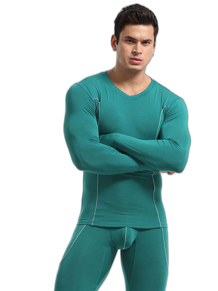 Men's Round Neck Solid Color Bamboo Fiber Thermal Underwear Set