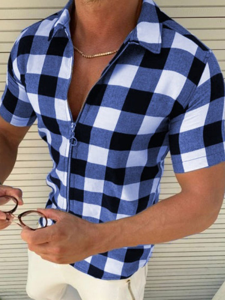 Men's Slim-Fit Lapel Plaid Print Zip-Up Top