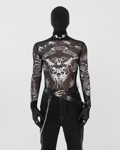 Gothic Mesh Long Sleeve Top with Graphic Print