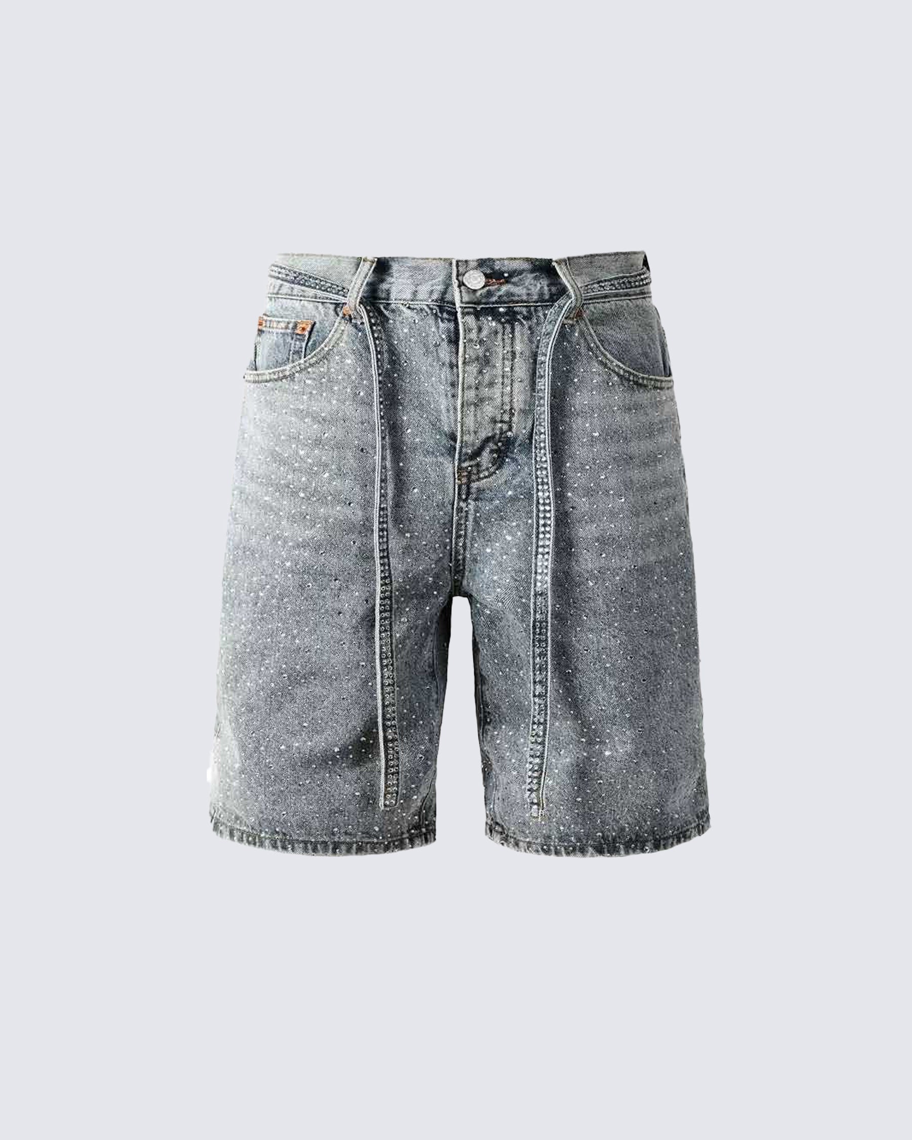 All Over Rhinestone Washed Denim Jort Shorts
