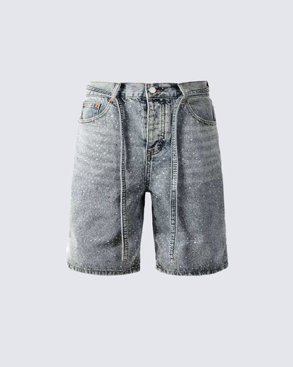 All Over Rhinestone Washed Denim Jort Shorts