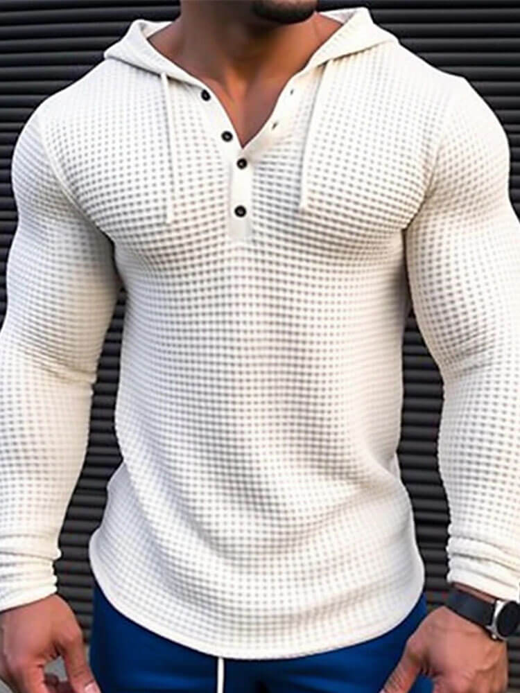 Men's Solid Color Waffle Button-Down Hooded Top