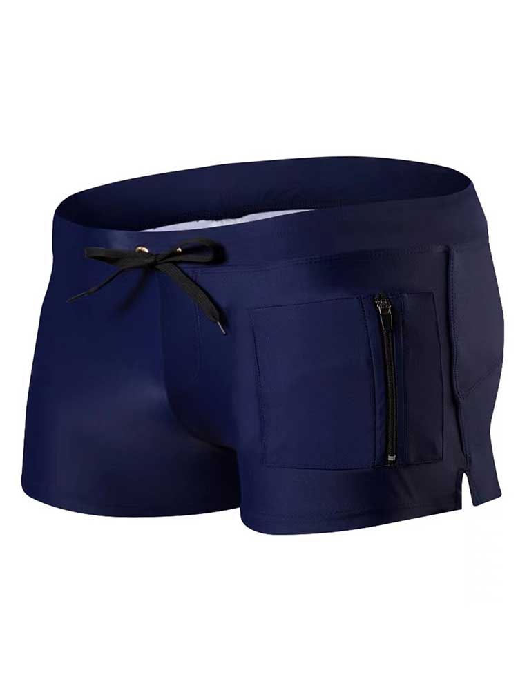 Men's Zipper Pocket Drawstring Solid Swim Trunks