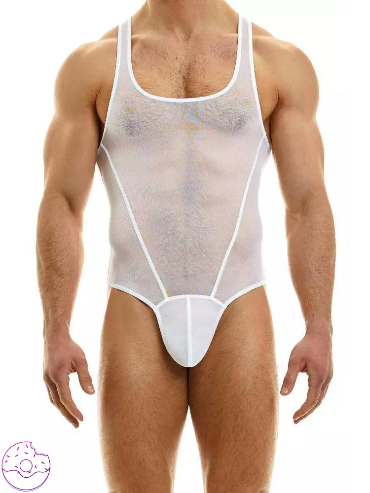 Men's Mesh Solid Color Fitness Bodysuit - Beige