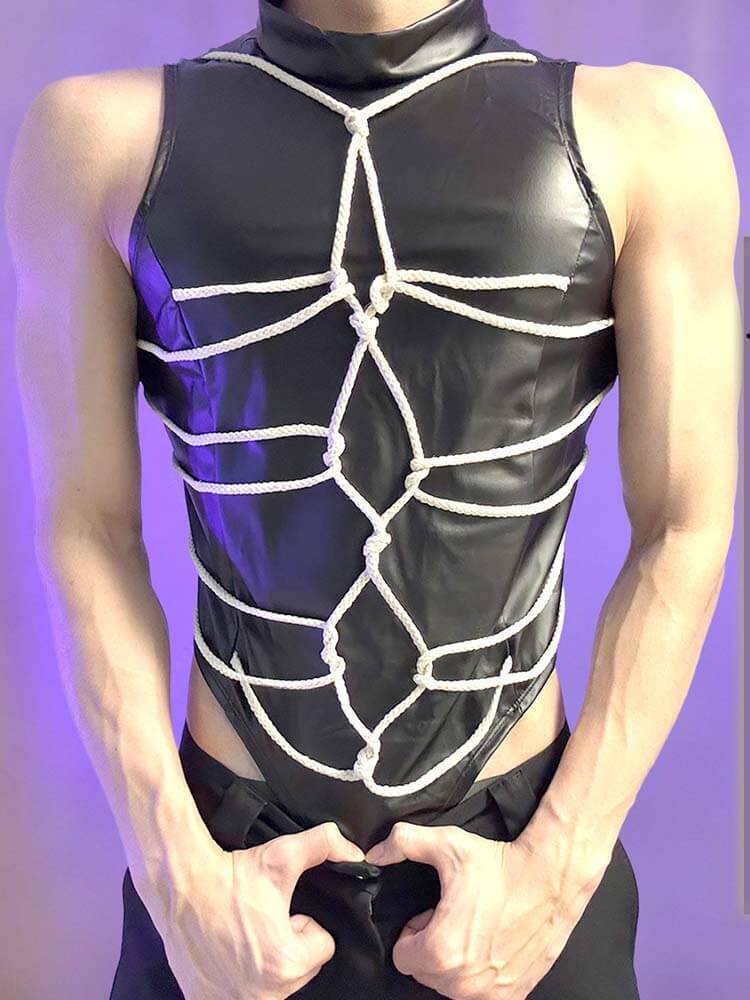 Men's Strappy Open-Crotch Patent Leather Bodysuit