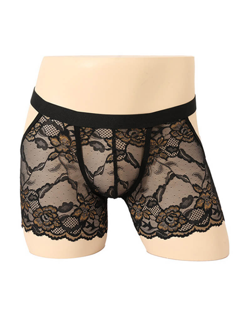 Men's Sexy Sheer Lace Buttocks-Exposing Boxer Briefs
