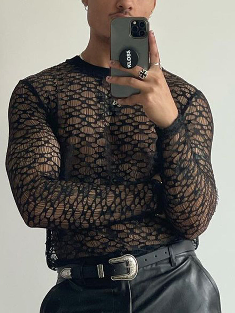 Men's Lace Hollow Slim Black Sheer Top