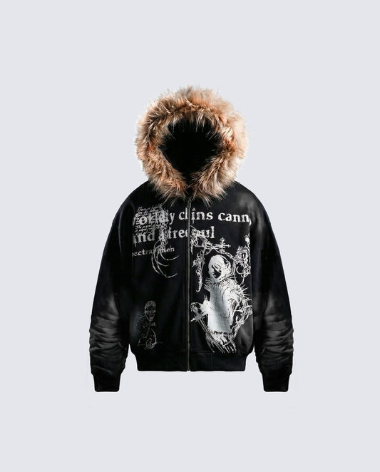 Vintage Zipper Faux Fur Hoodie