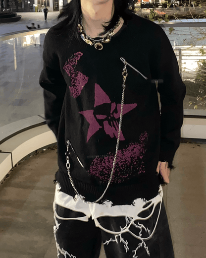 Punk Star Chain Distressed Knit Sweater
