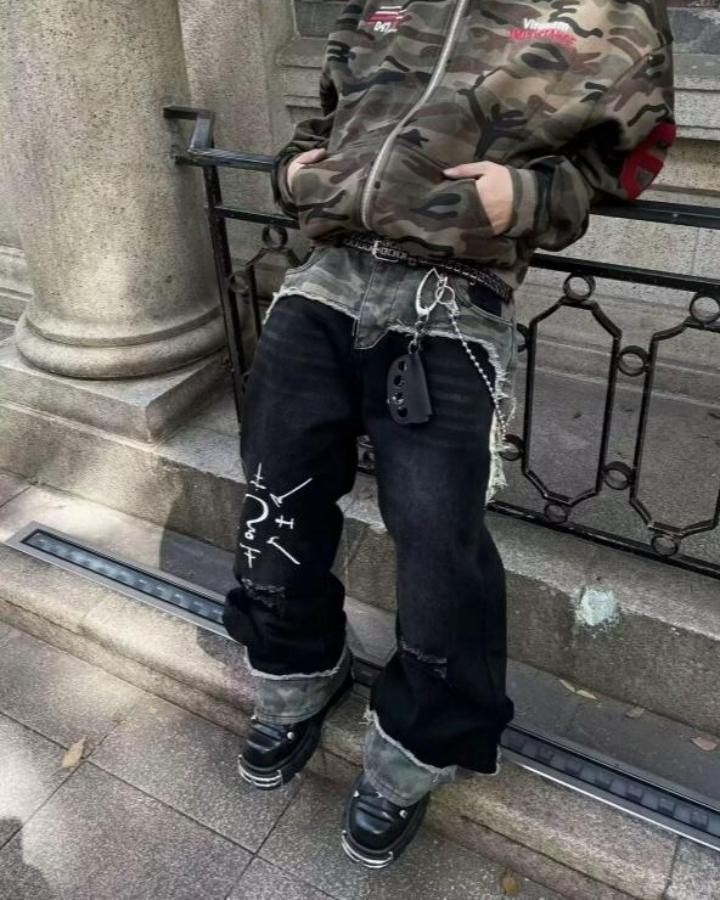 Punk Camouflage Patchwork Ripped Flared Jeans