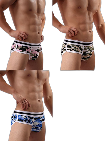 3 Pack Men's Mid-Rise Breathable Soft Cotton Camouflage Stretch Fit Bikini