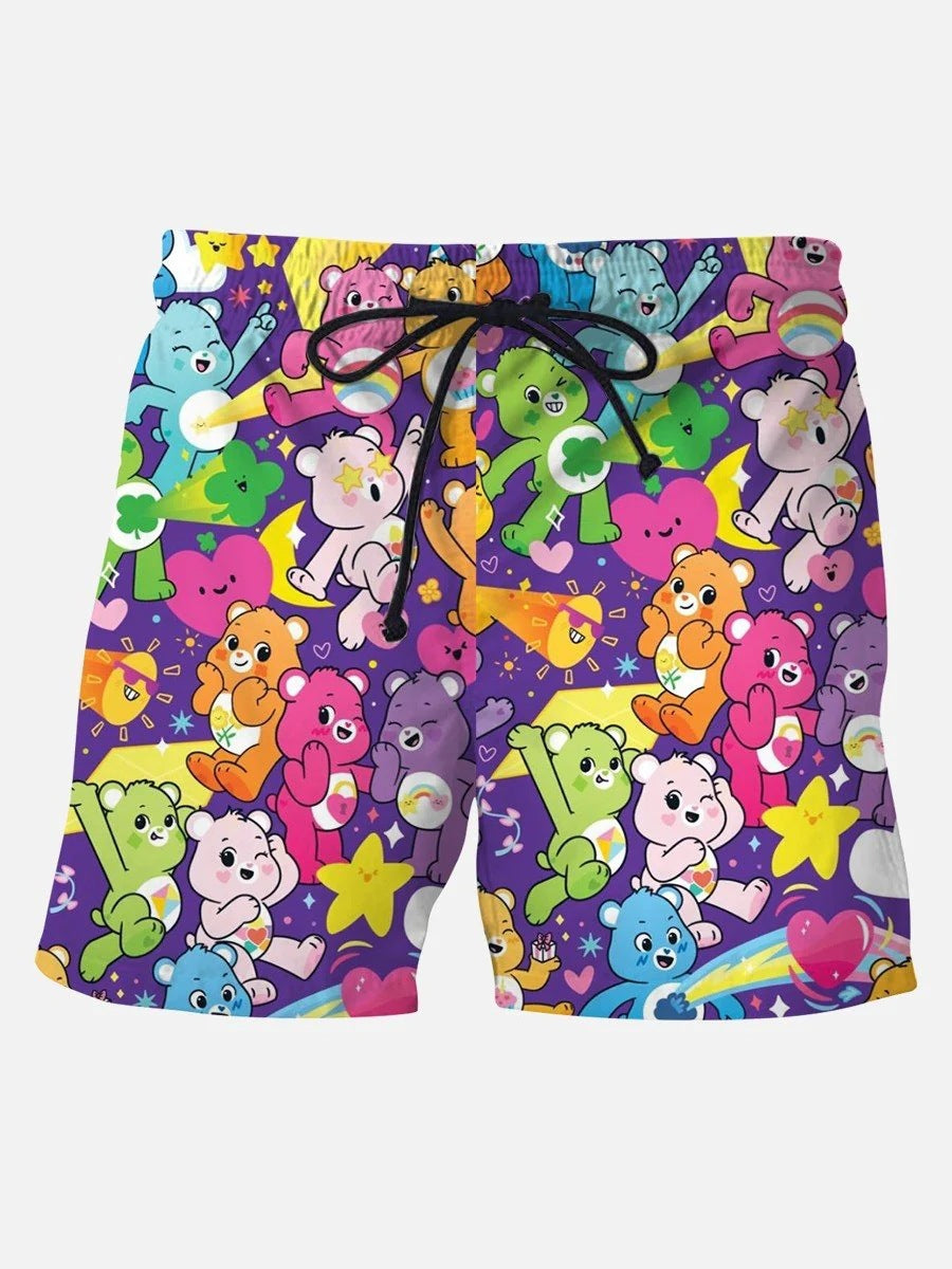 Men's Cartoon Print Drawstring Beach Shorts