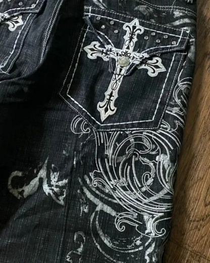 Retro Distressed Heavy-Duty Design Printed Shorts