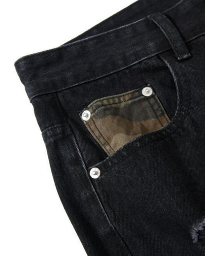 American-Style Ripped Camouflage Faux Two-Piece Denim Capri Pants