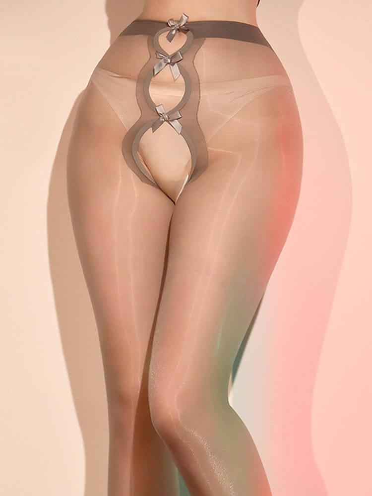 Sexy Glossy No-Remove Bow-Tie Open-Crotch Stockings