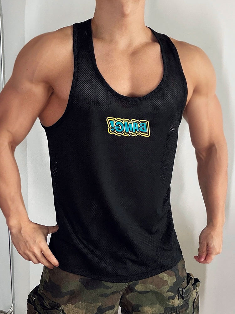 Men's Letter Print Stretch Mesh Sports Vest