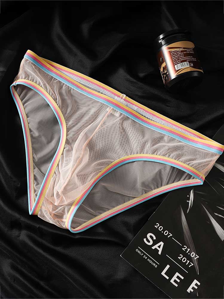 Men's Colorful Striped Belt Sexy Sheer Mesh Briefs