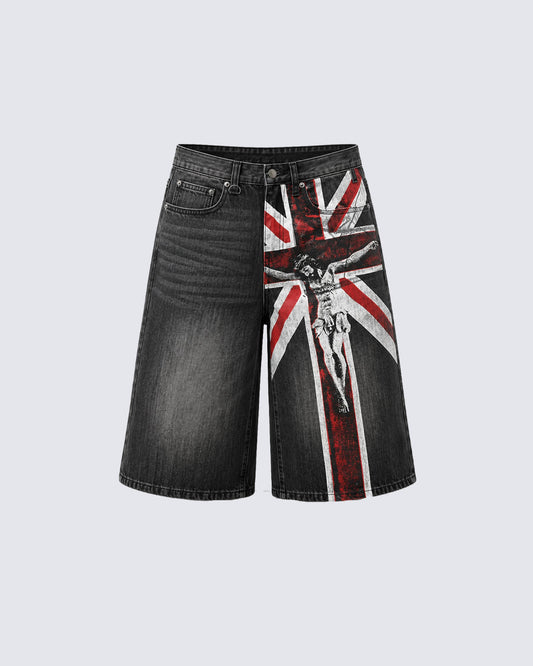 American-Style Distressed Streetwear Design With Cross Print Shorts