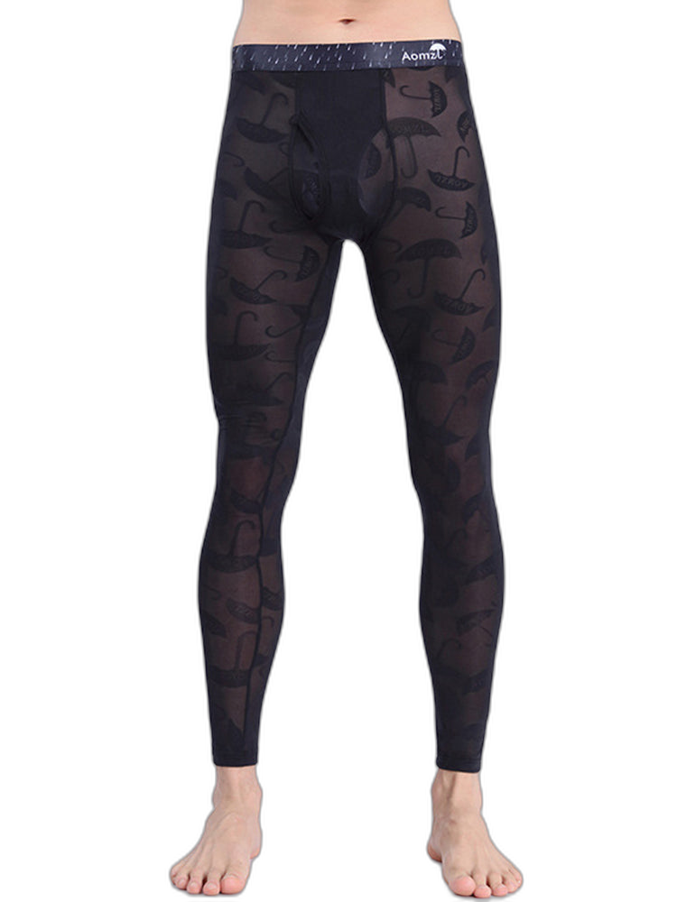 Men's Sexy Transparent Ice Silk Jacquard Seamless Tights Warm Pants