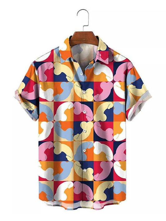 Mens Hawaiian Style Cocks Print Short Sleeve Shirt