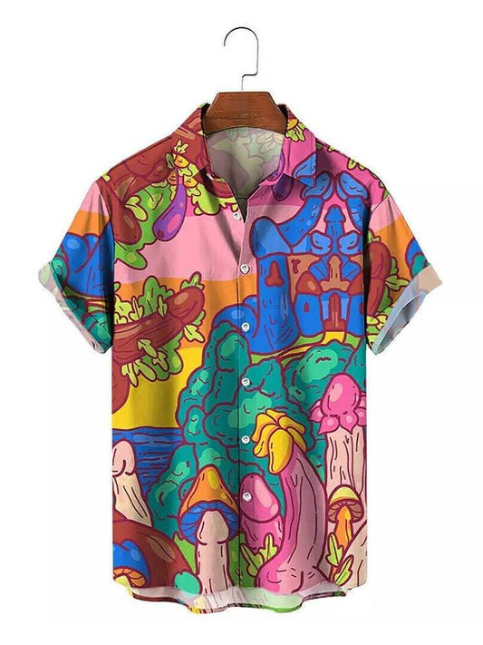Mens Hawaiian Style Cocks Print Short Sleeve Shirt